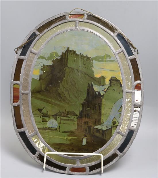 A stained glass panel - Castle from The Kings Mews, Edinburgh Castle 1825, signed Stephan Adam length 41cm
